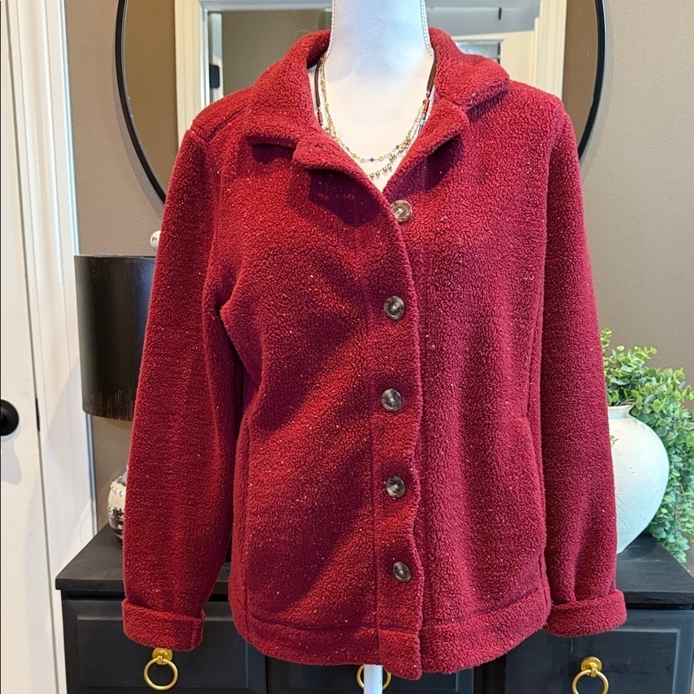 CROFT& BARROW Red Speckle Button-Up Fleece Jacket Size Medium